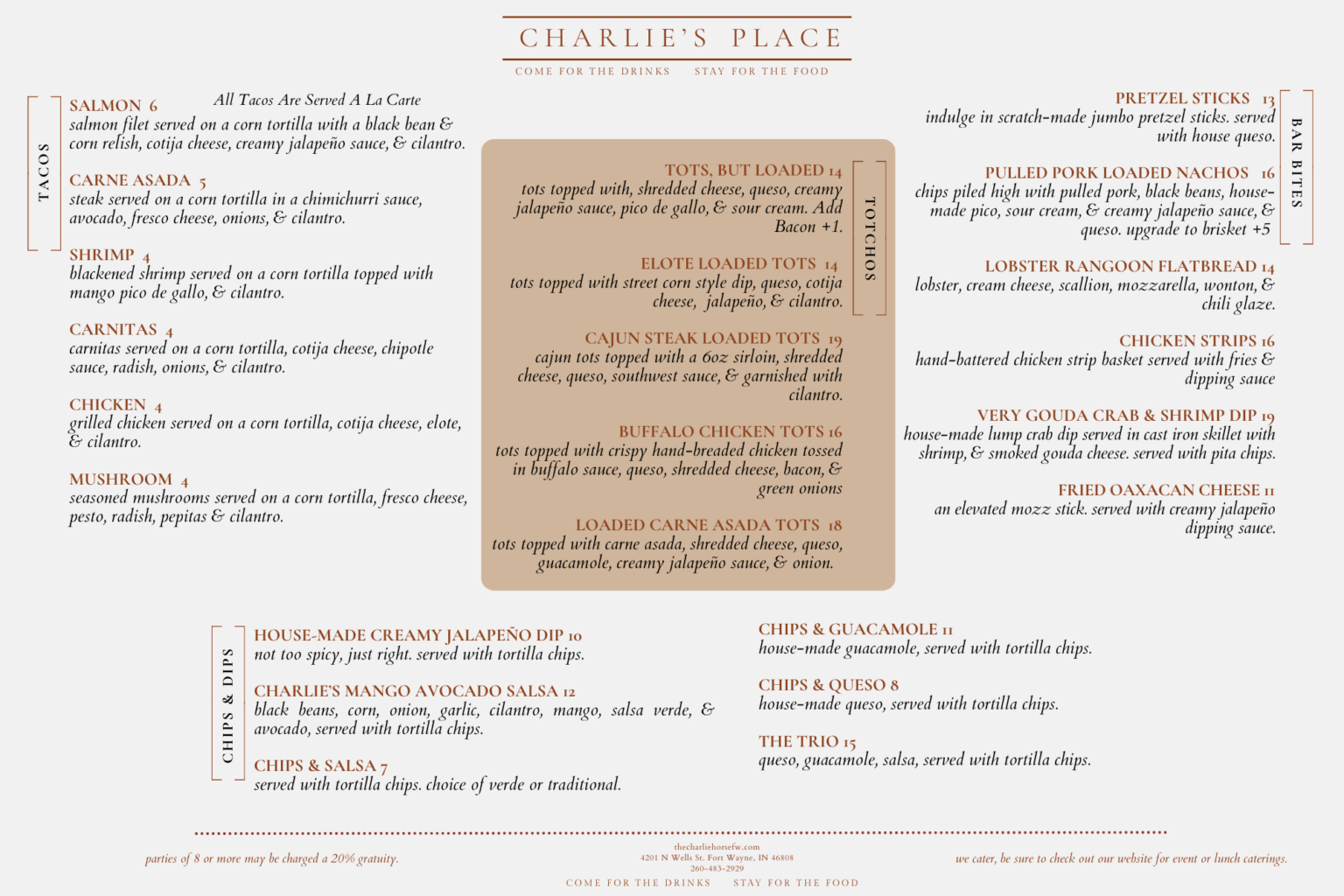 Charlie’s Place Food Menu - The Charlie Horse Family